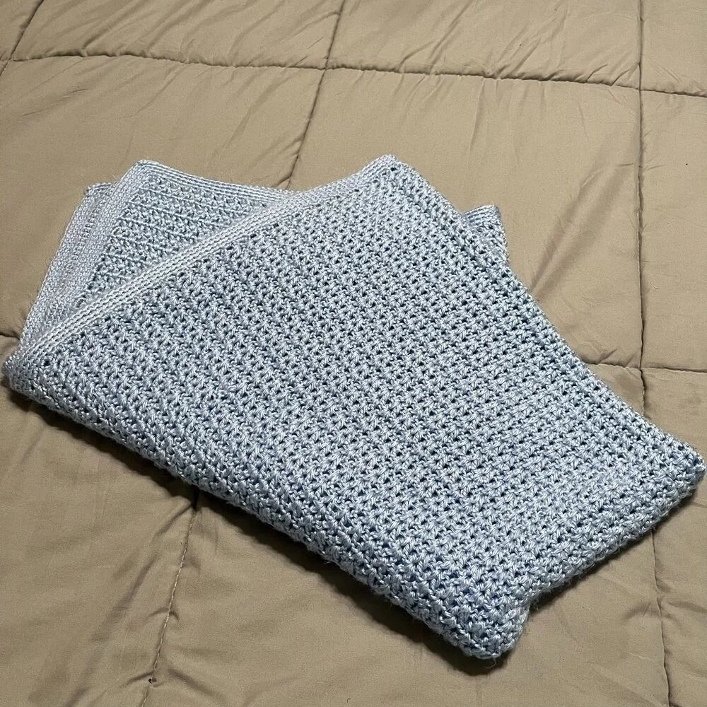Blue Crochet Open Knit Baby Blanket Crib Security Lovey 48X32 Handmade